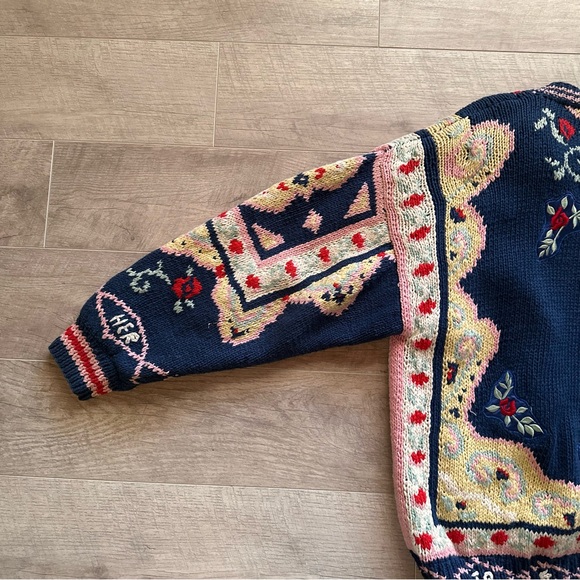 90s Together! Sweater Blue Yellow Knit Embroidered Button Up Cardigan - Picture 13 of 14